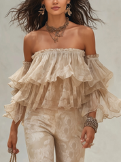 Romantic Bohemian Nude Ruffled Off-Shoulder Top Set