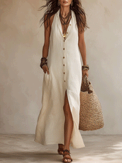 Bohemian Chic Buttoned Linen Button Maxi Dress
