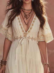 Soft Ivory Embroidered Boho Maxi Dress
