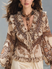 French Style Elegant Leopard Print Ruffled Top