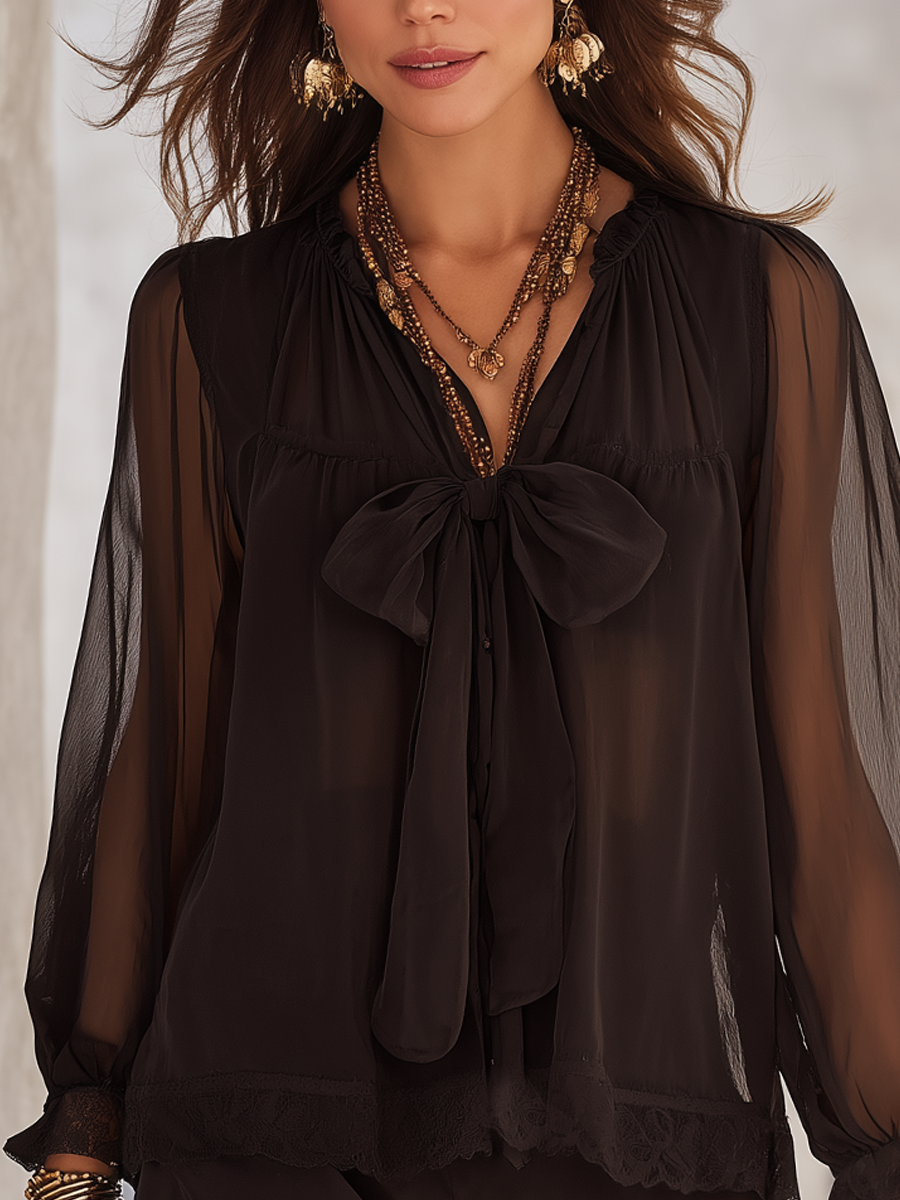 Mysterious Boho Black Chiffon Blouse With Bow