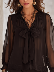 Mysterious Boho Black Chiffon Blouse With Bow