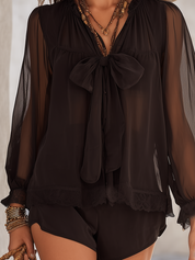 Mysterious Boho Black Chiffon Blouse With Bow