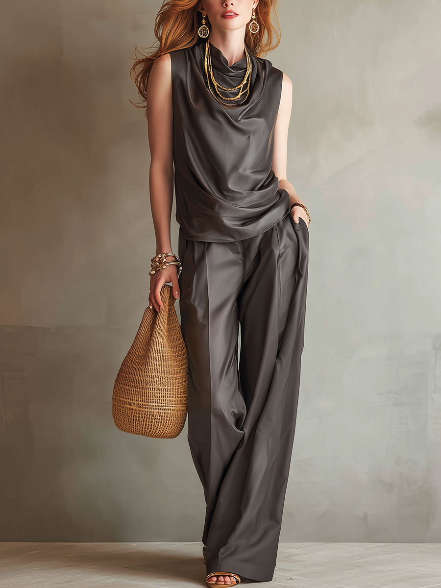 Minimalist Charcoal Gray Satin Drape Neck Sleeveless Wide-Leg Suit