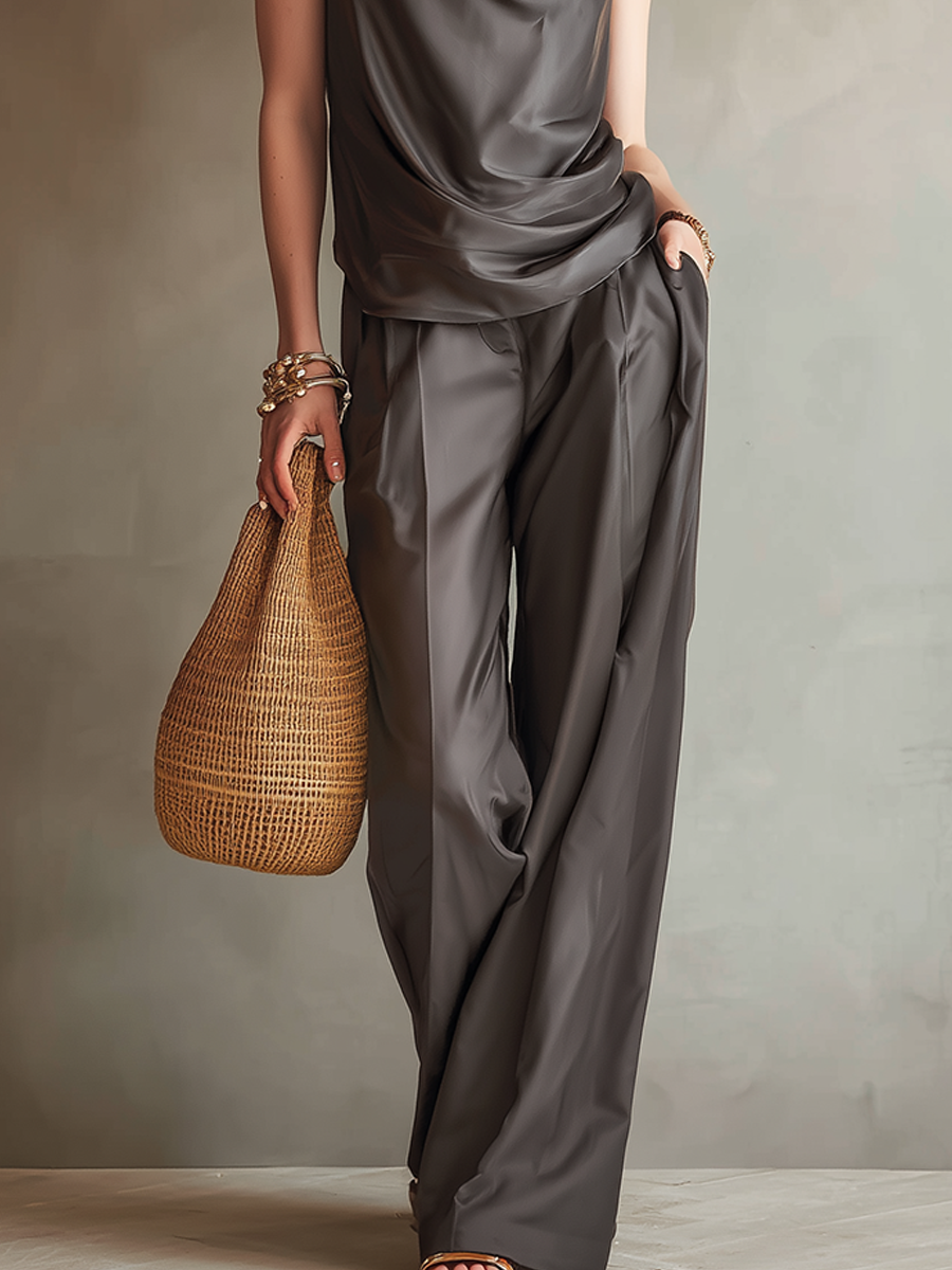 Minimalist Charcoal Gray Satin Drape Neck Sleeveless Wide-Leg Suit