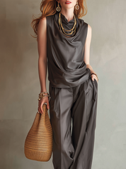 Minimalist Charcoal Gray Satin Drape Neck Sleeveless Wide-Leg Suit