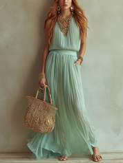 Romantic And Light Chiffon Mint Green Pleated Maxi Dress