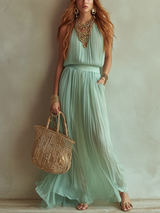 Romantic And Light Chiffon Mint Green Pleated Maxi Dress