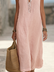 Bohemian Pink Linen Sequined Sleeveless Maxi Dress