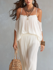 Effortless Bohemian Ivory Crinkled Chiffon Wide-Leg Set