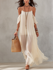 Elegant Bohemian Cream Flowing Chiffon Maxi Dress