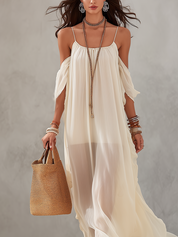 Elegant Bohemian Cream Flowing Chiffon Maxi Dress