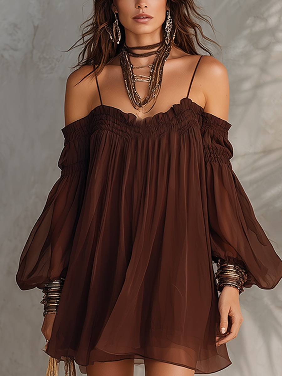 Bohemian Brown Chiffon Short Dress