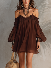 Bohemian Brown Chiffon Short Dress