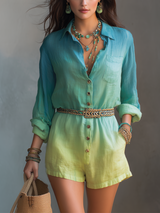Effortless Bohemian Teal Ombre Lightweight Linen Romper