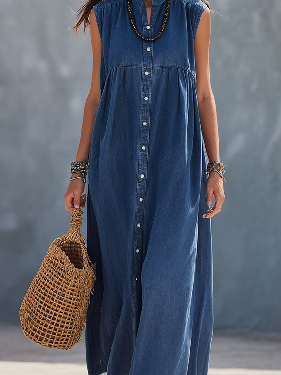 Casual Bohemian Indigo Washed Denim Shirt Maxi Dress