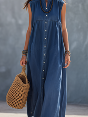 Casual Bohemian Indigo Washed Denim Shirt Maxi Dress