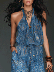 Effortless Boho Paisley Halter Neck Drawstring Waist Flowy Jumpsuit
