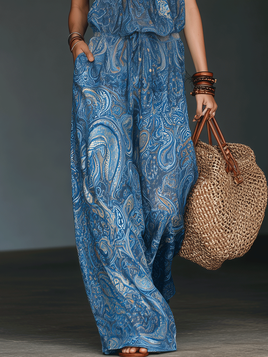 Effortless Boho Paisley Halter Neck Drawstring Waist Flowy Jumpsuit