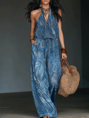 Effortless Boho Paisley Halter Neck Drawstring Waist Flowy Jumpsuit
