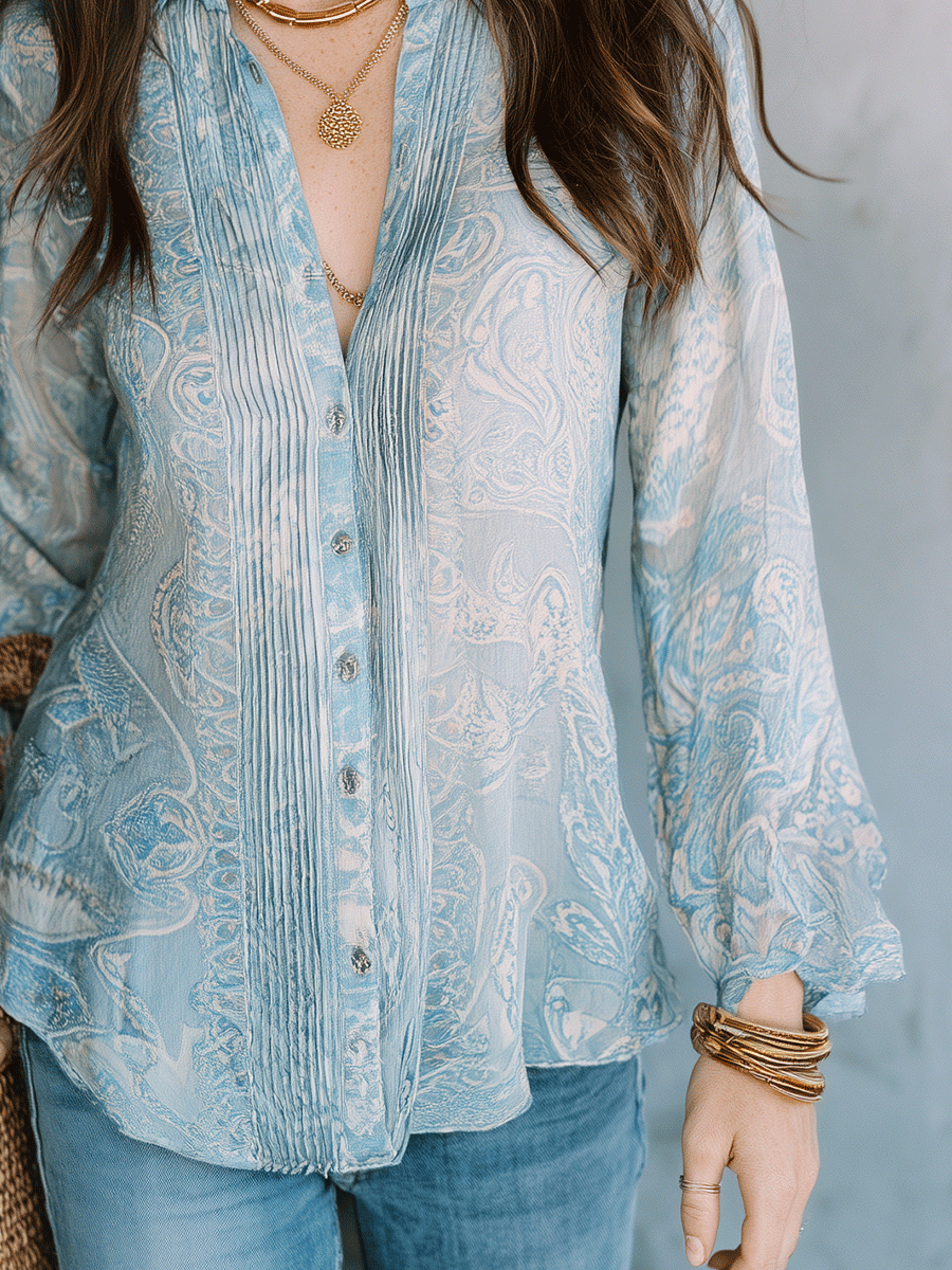 Effortless Boho Paisley Print Button-Front Sheer Relaxed Fit Blouse