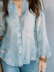 Effortless Boho Paisley Print Button-Front Sheer Relaxed Fit Blouse