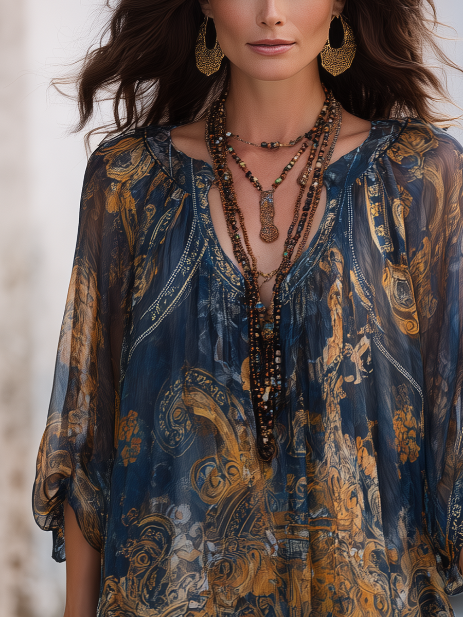 Retro Navy Blue Tulle Baroque Print Short-sleeved Top