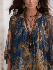 Retro Navy Blue Tulle Baroque Print Short-sleeved Top