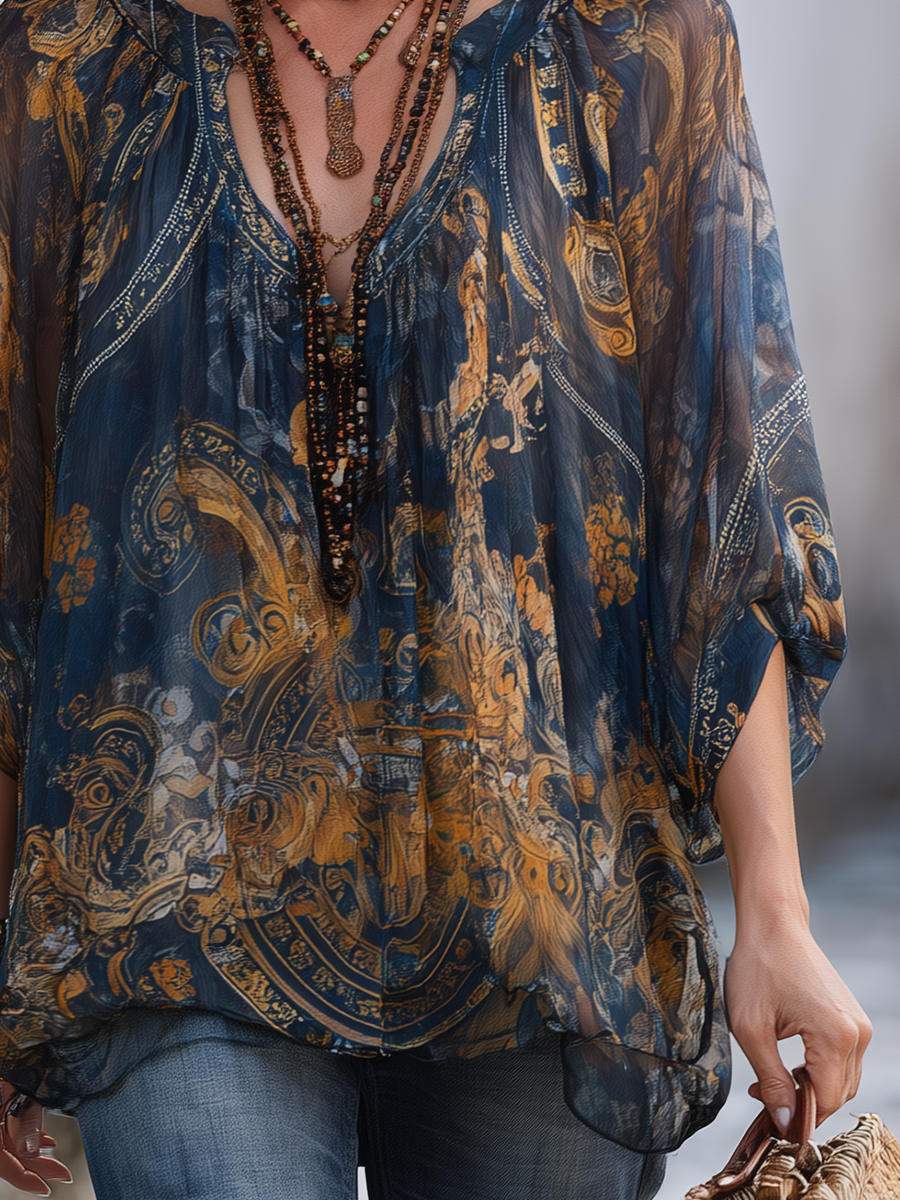 Retro Navy Blue Tulle Baroque Print Short-sleeved Top