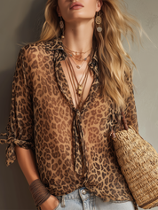 Bohemian Brown Sheer Chiffon Leopard Print Blouse