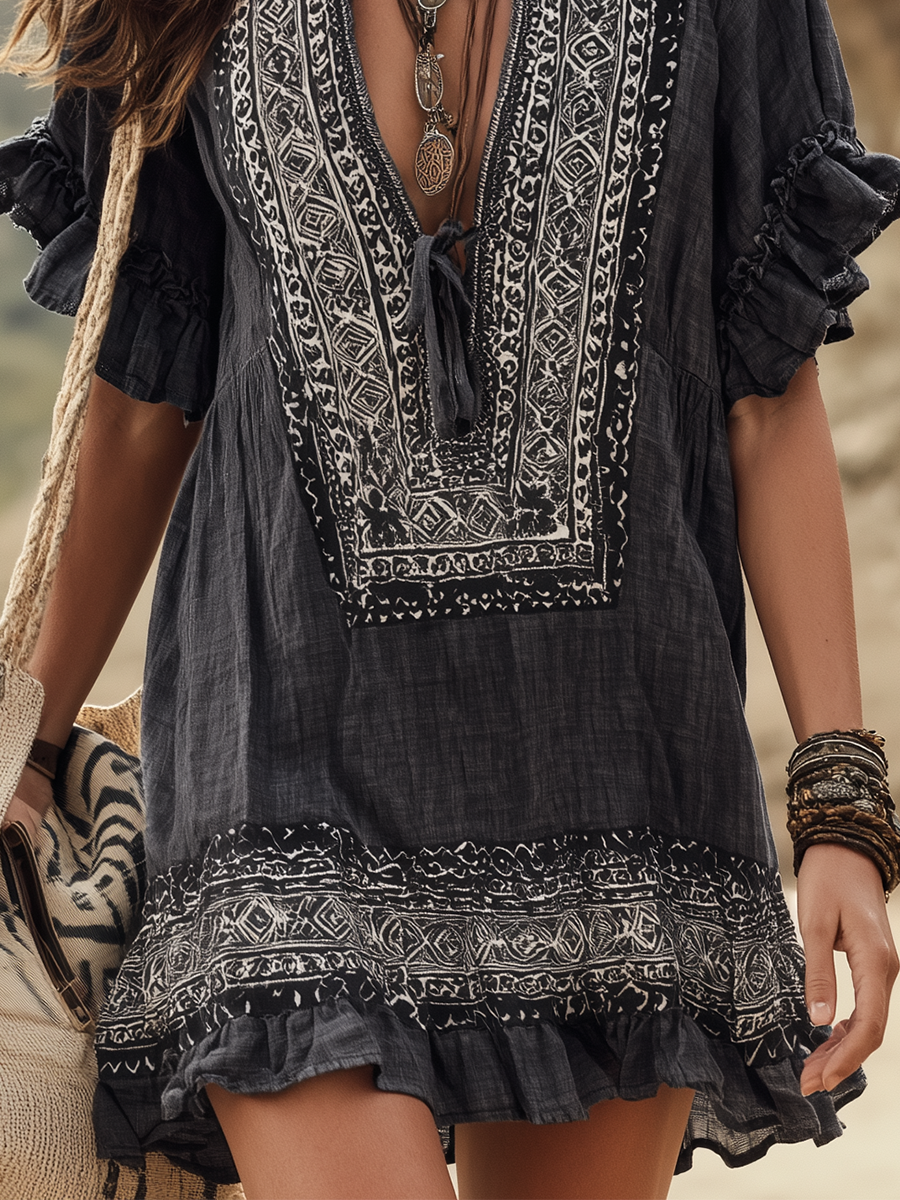 Bohemian-style Charcoal Gray Printed Mini Dress