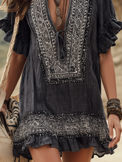 Bohemian-style Charcoal Gray Printed Mini Dress