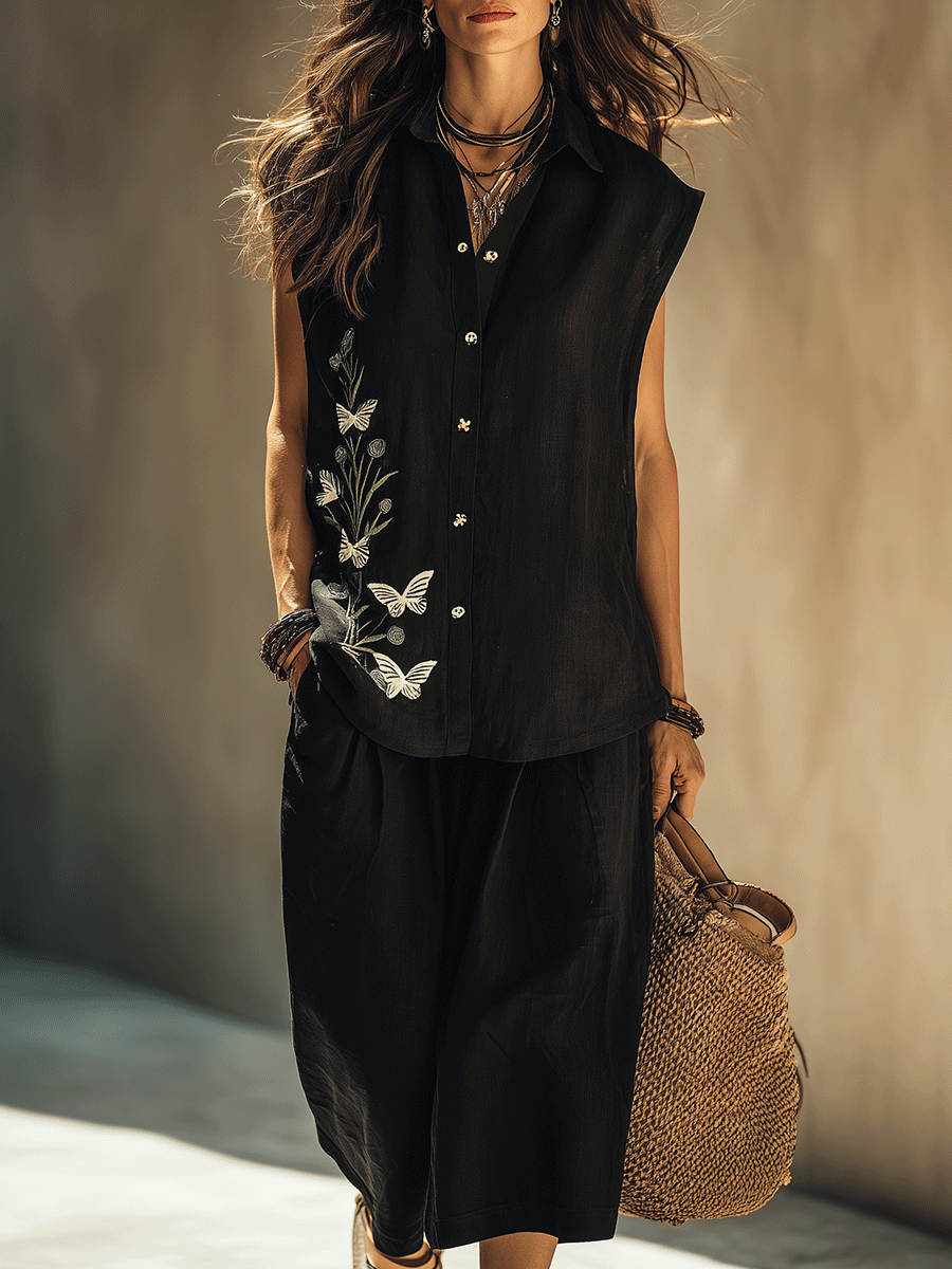 Bohemian Black Floral-Embroidered Loose-Fit Everyday Shirt And Mid-Length Shorts Set