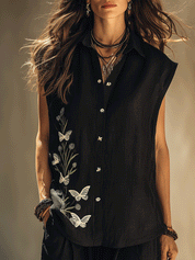 Bohemian Black Floral-Embroidered Loose-Fit Everyday Shirt And Mid-Length Shorts Set