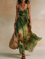 Chic Green Abstract Lightweight Silk-Like Feminine Silhouette Maxi Dress