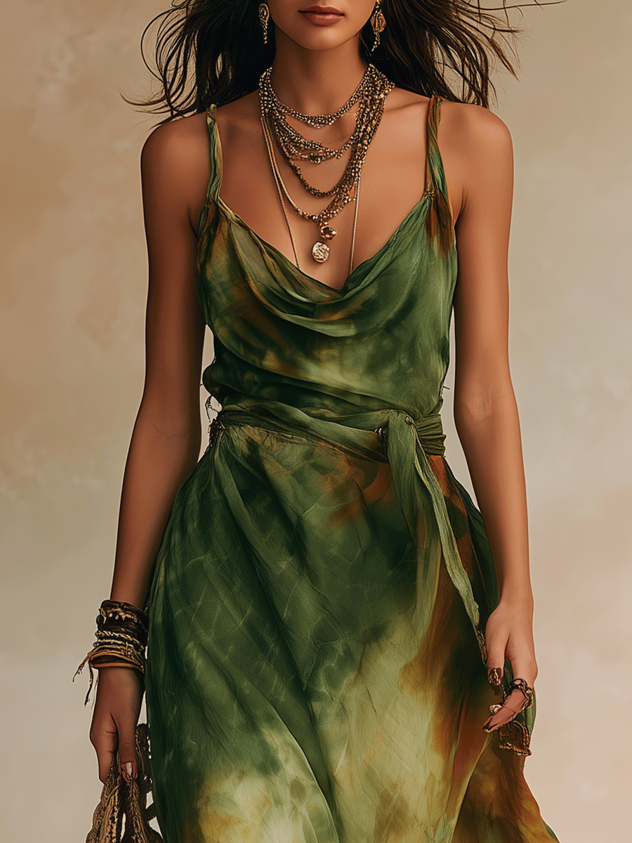 Chic Green Abstract Lightweight Silk-Like Feminine Silhouette Maxi Dress