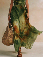 Chic Green Abstract Lightweight Silk-Like Feminine Silhouette Maxi Dress