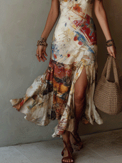 Boho Abstract Print Lace-Trim Spaghetti Strap High-Slit Flowy Maxi Dress