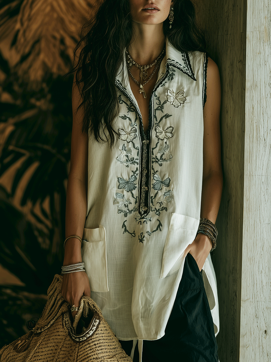 Boho Embroidered Zip-Neck Sleeveless Relaxed Fit Tunic Blouse