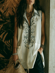 Boho Embroidered Zip-Neck Sleeveless Relaxed Fit Tunic Blouse