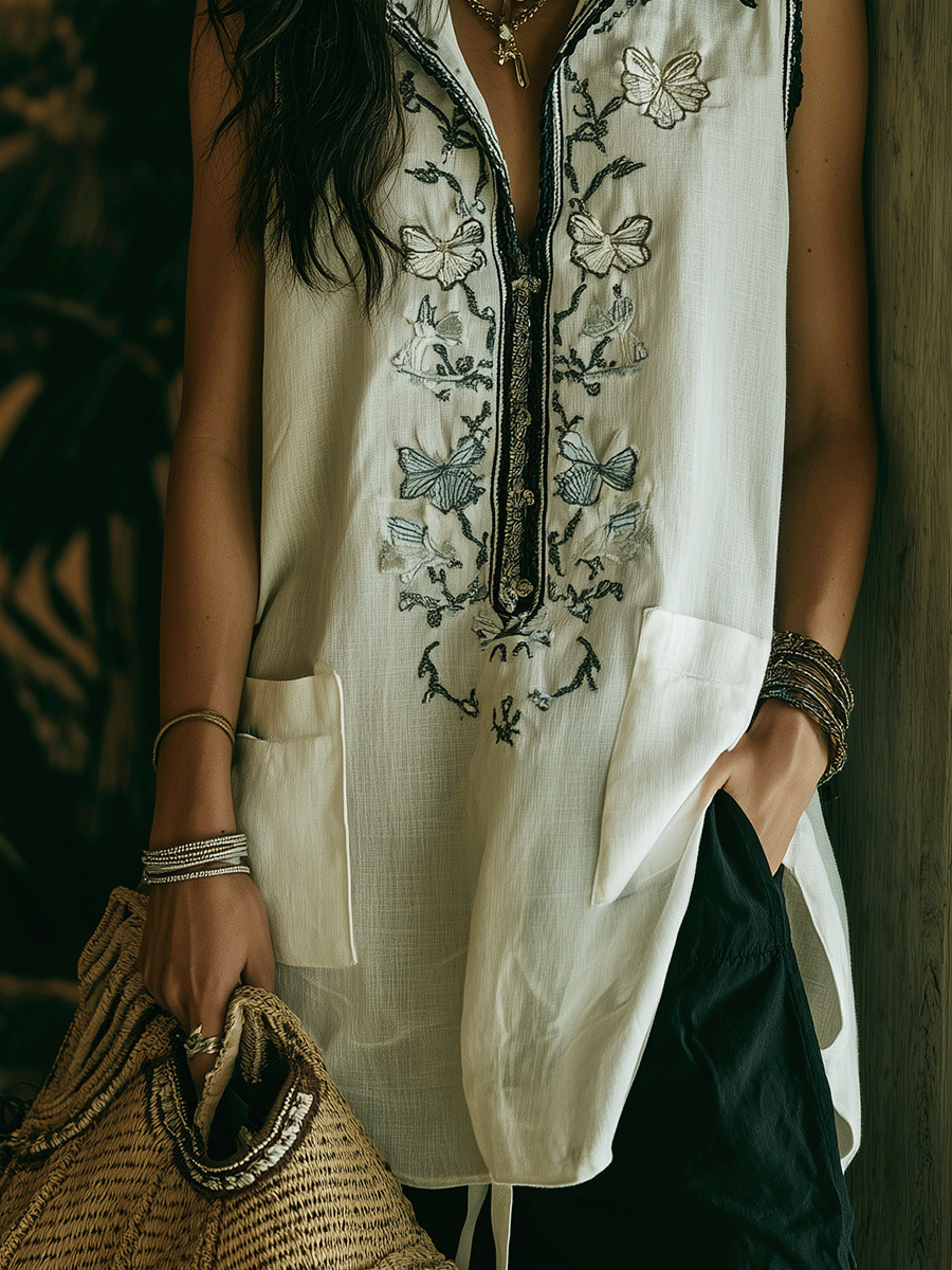 Boho Embroidered Zip-Neck Sleeveless Relaxed Fit Tunic Blouse