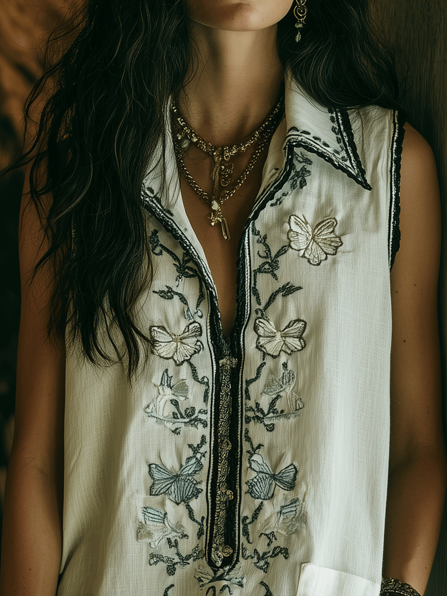 Boho Embroidered Zip-Neck Sleeveless Relaxed Fit Tunic Blouse