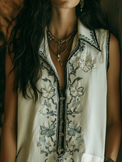 Boho Embroidered Zip-Neck Sleeveless Relaxed Fit Tunic Blouse