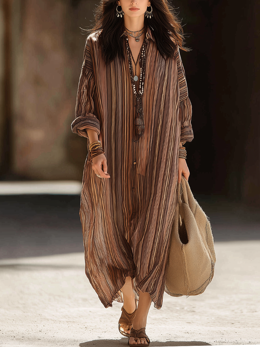 Bohemian Cocoa Brown Striped Shirt Dress