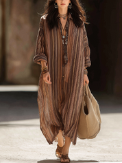 Bohemian Cocoa Brown Striped Shirt Dress