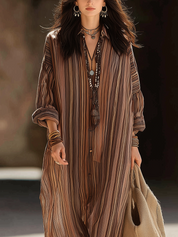 Bohemian Cocoa Brown Striped Shirt Dress