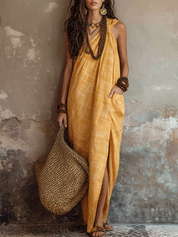 Chic Mustard Yellow Lightweight Relaxed Fit Resort Wrap Style Maxi Dress