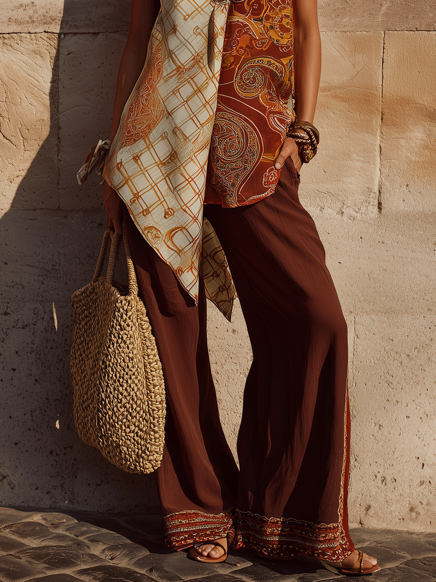 Bohemian Asymmetric Panel Soft Silhouette Casual Tunic Top And Pant Set