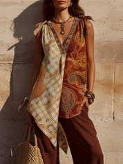Bohemian Asymmetric Panel Soft Silhouette Casual Tunic Top And Pant Set