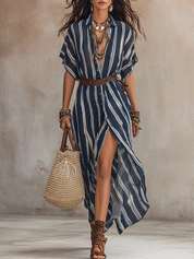 Boho Striped Button-Front Belted High-Slit Flowy Maxi Dress